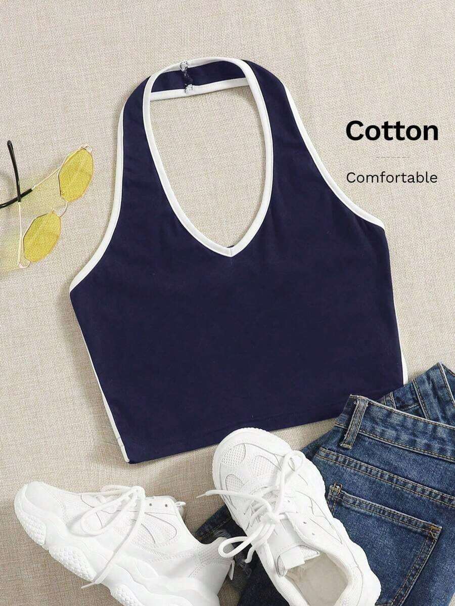Top halter corto unido en contraste - Azul marino - Ver 1