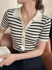 de punto con cuello polo y mangas raglán cortas para mujer, ligera y versátil, ideal para primavera/verano - tiras de albaricoque negro - Ver 2