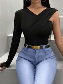 Camiseta De Señora Entallada Con Cuello En V De Color Sólido - Negro - Ver 1