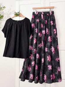 2 piezas Conjunto de top casual de unicolor + falda con estampado geométrico blanco y negro para vacaciones de mujer, Conjunto de ropa de verano para mujer, Conjunto de falda y top de verano, Conjunto de falda y top de mujer, Conjunto de falda - Negro - Ver 1