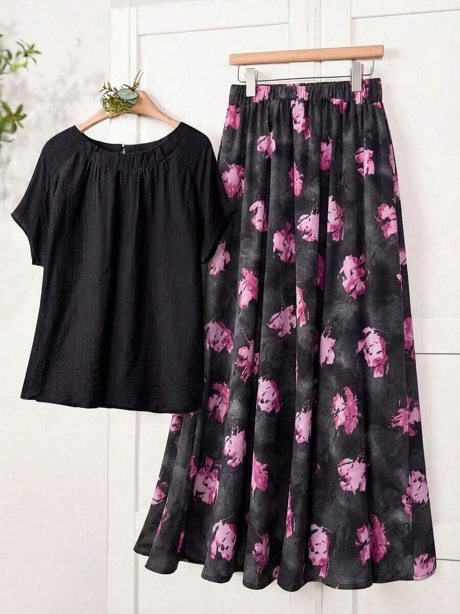 2 piezas Conjunto de top casual de unicolor + falda con estampado geométrico blanco y negro para vacaciones de mujer, Conjunto de ropa de verano para mujer, Conjunto de falda y top de verano, Conjunto de falda y top de mujer, Conjunto de falda - Negro - Ver 1