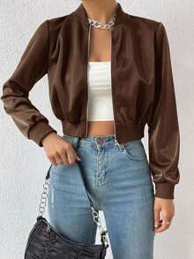Chaqueta bomber corta con cremallera de color liso, chaqueta ligera de mujer de uso casual para primavera/otoño con manga regular, cuello tipo béisbol y ajuste regular en color negro liso - Café integral - Ver 7