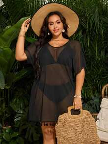 Swim  Salida de playa tipo kimono con flecos para talla grande - Negro - Ver 5