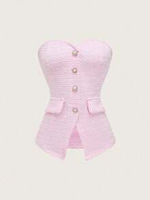 Top corto ajustado de verano para mujer con textura rosa, con detalle de botón de perla - Rosa - Ver 6