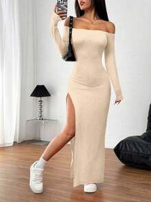 Vestido rojo sexy de hombros descubiertos con abertura lateral alta - Albaricoque - Ver 7