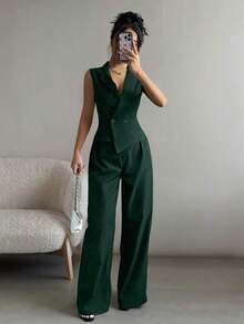 Conjunto de 2 piezas de ropa de otoño: top sin mangas y pantalones de unicolor - Verde - Ver 1