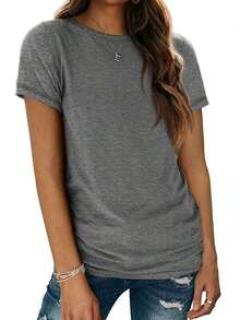 2026 Nueva Moda en Ropa OUTBALL Camisetas de Manga Corta para Mujer, Cuello Redondo, Tops Básicos de Moda, Corte Holgado, Ropa Casual de Verano, Prendas Suaves - Gris - Ver 1