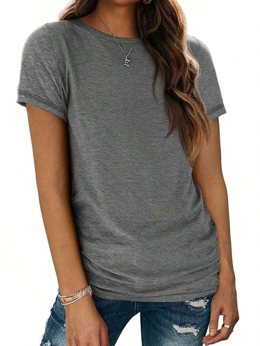 2026 Nueva Moda en Ropa OUTBALL Camisetas de Manga Corta para Mujer, Cuello Redondo, Tops Básicos de Moda, Corte Holgado, Ropa Casual de Verano, Prendas Suaves - Gris - Ver 1