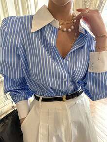 de manga larga con botones y rayas casuales para uso diario, camisa de mujer para otoño - Azul - Ver 1