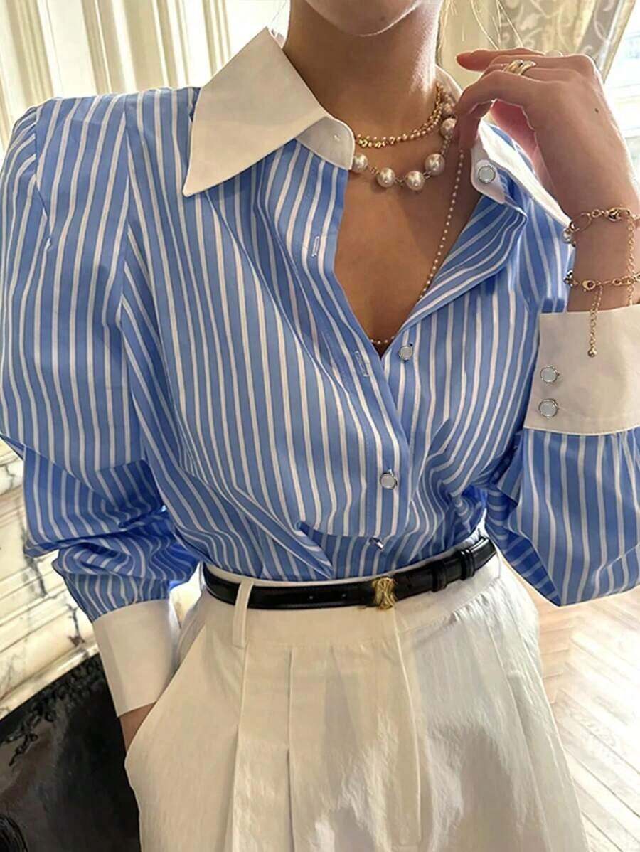 de manga larga con botones y rayas casuales para uso diario, camisa de mujer para otoño - Azul - Ver 1