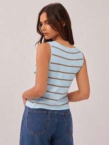 Top sin mangas ajustado con cuello de barco, botones frontales y bajo con abertura, a rayas, estilo campestre y vaquero, para atuendo de Nashville - Azul - Ver 5
