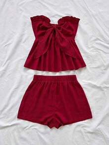 Set de 2 piezas para mujer con parte superior corta sin mangas con volantes y estampado de rayas y flores, y shorts casuales para verano, vacaciones en la playa y fiestas - Rojo 2 - Ver 5