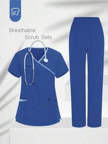 Conjunto de uniforme de pijama de unicolor con parches, cuello en V y manga corta - Azul 2 - Ver 1