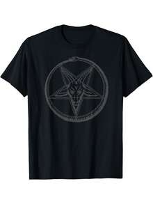 Camiseta Satánica de Baphomet Unisex con Cabeza de Cabra, Ouroboros y Pentagrama, Corte Holgado, Camiseta Casual de Verano para Satanistas, Eventos Góticos Paganos, Ropa Lavable a Máquina - Negro - Ver 1