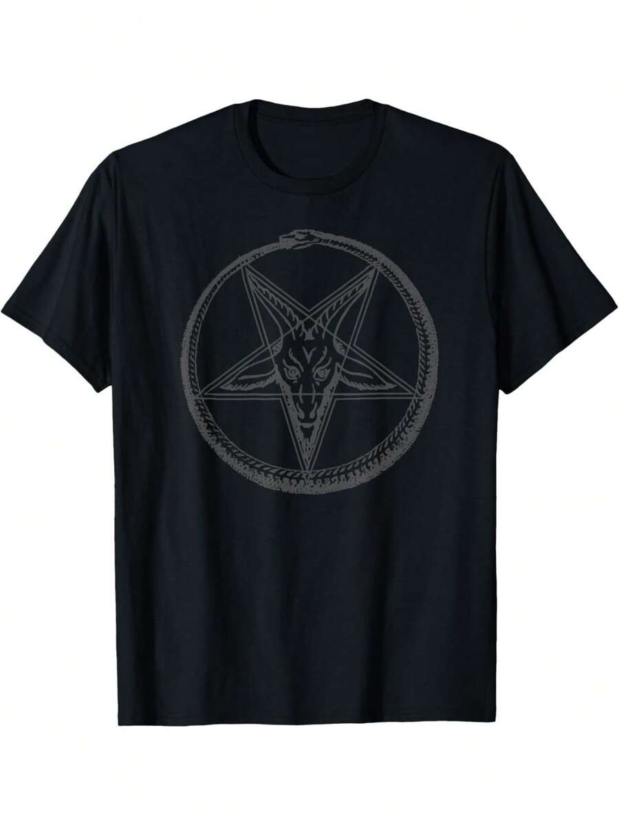 Camiseta Satánica de Baphomet Unisex con Cabeza de Cabra, Ouroboros y Pentagrama, Corte Holgado, Camiseta Casual de Verano para Satanistas, Eventos Góticos Paganos, Ropa Lavable a Máquina - Negro - Ver 1