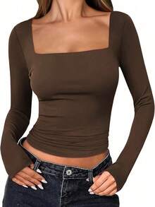 Camiseta ajustada de manga larga con cuello cuadrado para mujer, primavera/verano Y2K, unicolor, sexy, adecuada para el Día de San Valentín y uso casual - Óxido marrón - Ver 8