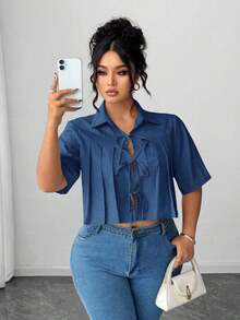 Blusa elegante corta con pliegues y lazo delantero para mujer - Azul 3 - Ver 3