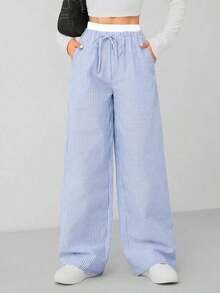 Pantalones De Mujer Tejidos Con Cintura En Contraste A Rayas Azules De Otoño - Celeste - Ver 6