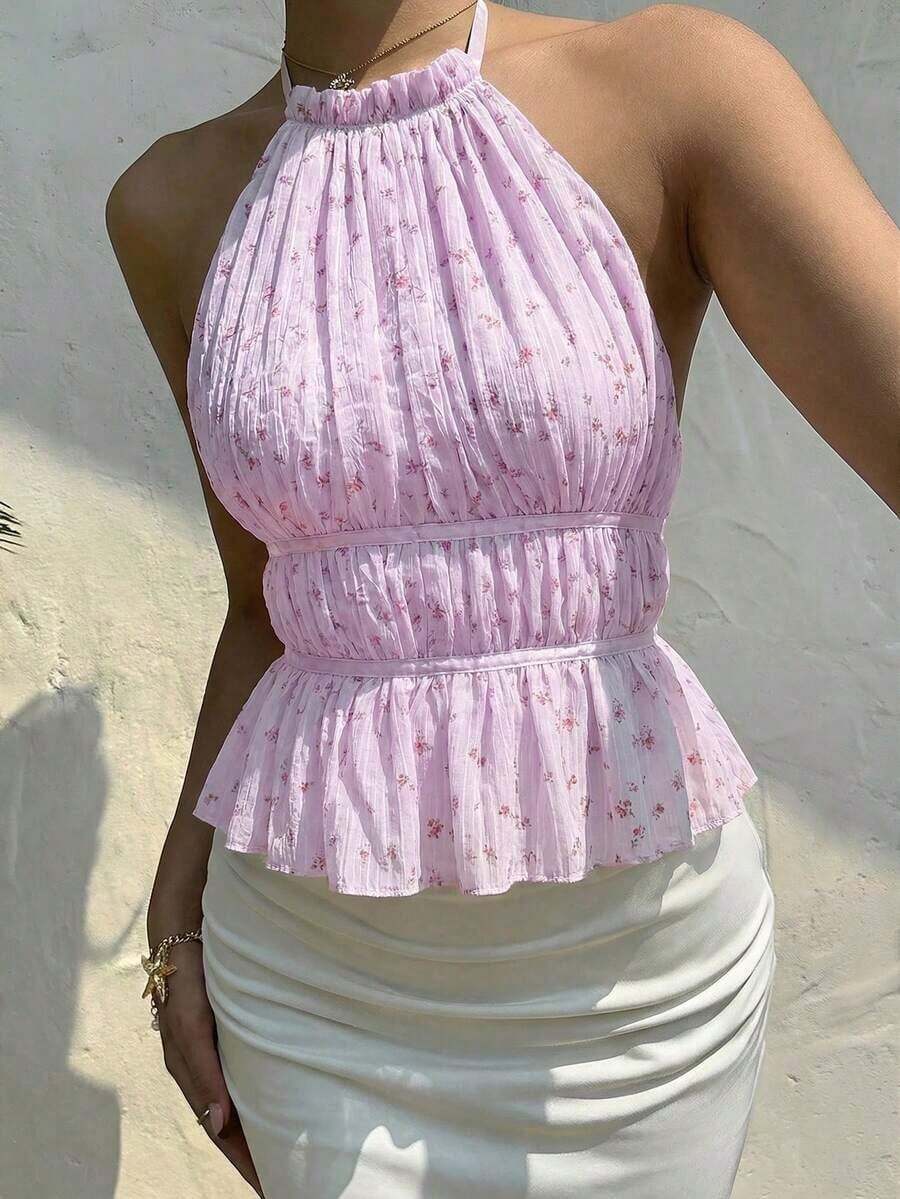 Top sin espalda de tirantes con pliegues y cordón en color negro, informal de verano para salir - Morado - Ver 1