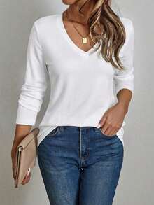 Camiseta de manga larga de algodón con cuello en V casual y sencilla, adecuada para otoño/invierno, top de manga larga blanco con cuello en V, tops básicos de mujer de manga larga, tops de mujer de manga larga casual de verano - Blanco - Ver 3