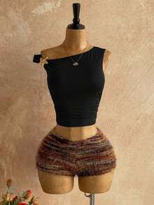 Nuevo conjunto casual de 2 piezas para mujer con hombro asimétrico, textura esponjosa, estampado floral y espalda descubierta, ideal para vacaciones, boda, graduación, Día de San Patricio, primavera, festival de música, elegante estilo boho tropical - Negro - Ver 5