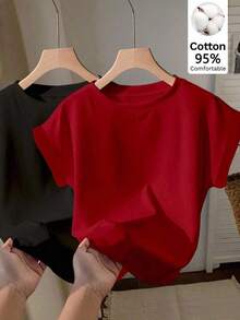 2 piezas Camiseta de cuello redondo de manga corta en negro y rojo, adecuada para el verano - Multicolor 2 - Ver 9