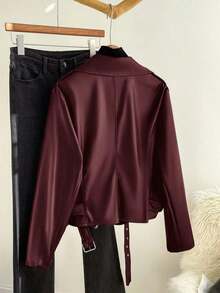 Chaqueta de cuero de PU de manga larga rojo vino, de corte holgado y básico, para mujer de talla grande, de estilo casual, para otoño y primavera, Y2K, streetwear, primavera, abrigos rojos vino para mujer, estilo años 2000, disco/invierno - Rosa Roja - Ver 2