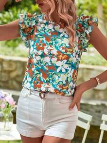 Camisa casual versátil de uso diario con estampado floral y pliegues para mujer - Agua verde azul - Ver 10