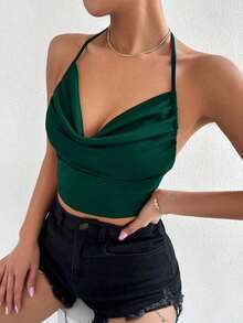 Top halter de cuello con fruncido de espalda abierta con cordón - Verde Oscuro - Ver 5