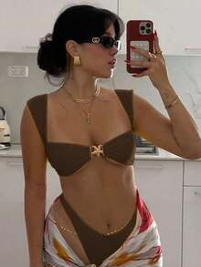 Nuevo conjunto de bikini de mujer sexy y casual con tirantes anchos y decoración de estrella de mar en color caqui, adecuado para la playa, vacaciones, fiestas y citas - Caqui - Ver 6