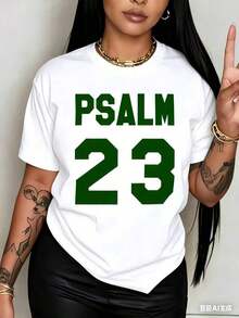 Oferta por tiempo limitado, cantidad limitada disponible,  relámpago, camisas de mujer, camisetas de mujer Una camiseta blanca de mujer con estampado del Salmo 23, cuello redondo, estilo casual, tejido de punto elástico medio, corte regular, adecuada para primavera, verano y otoño. - Blanco - Ver 1