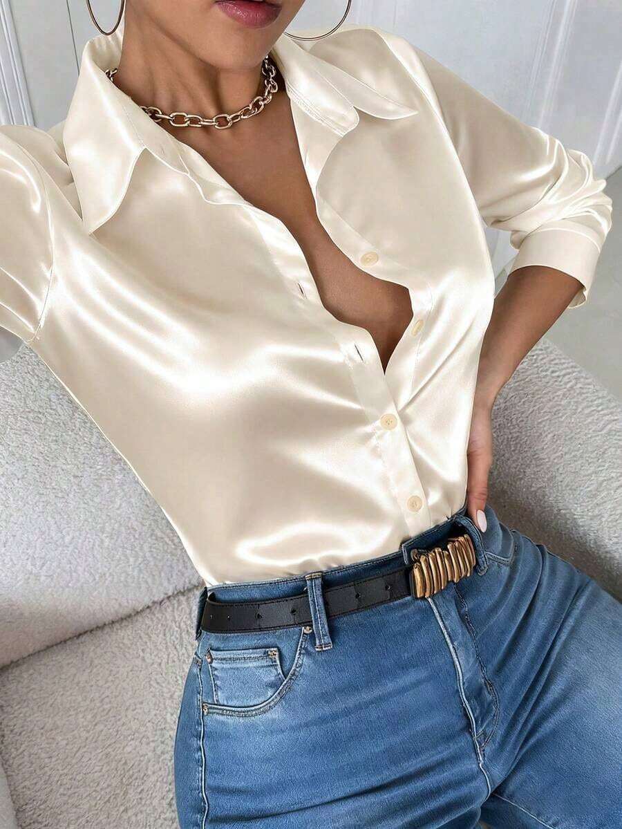 Blusa de mujer de manga larga ajustada con bolsillo y cuello casual en color blanco - Albaricoque - Ver 1