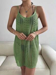 Vestido cover up tejido con abertura sin bikini - Verde - Ver 4