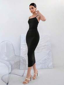 Vestido con tirantes con moño sin espalda, de material elástico, para verano - Negro - Ver 5