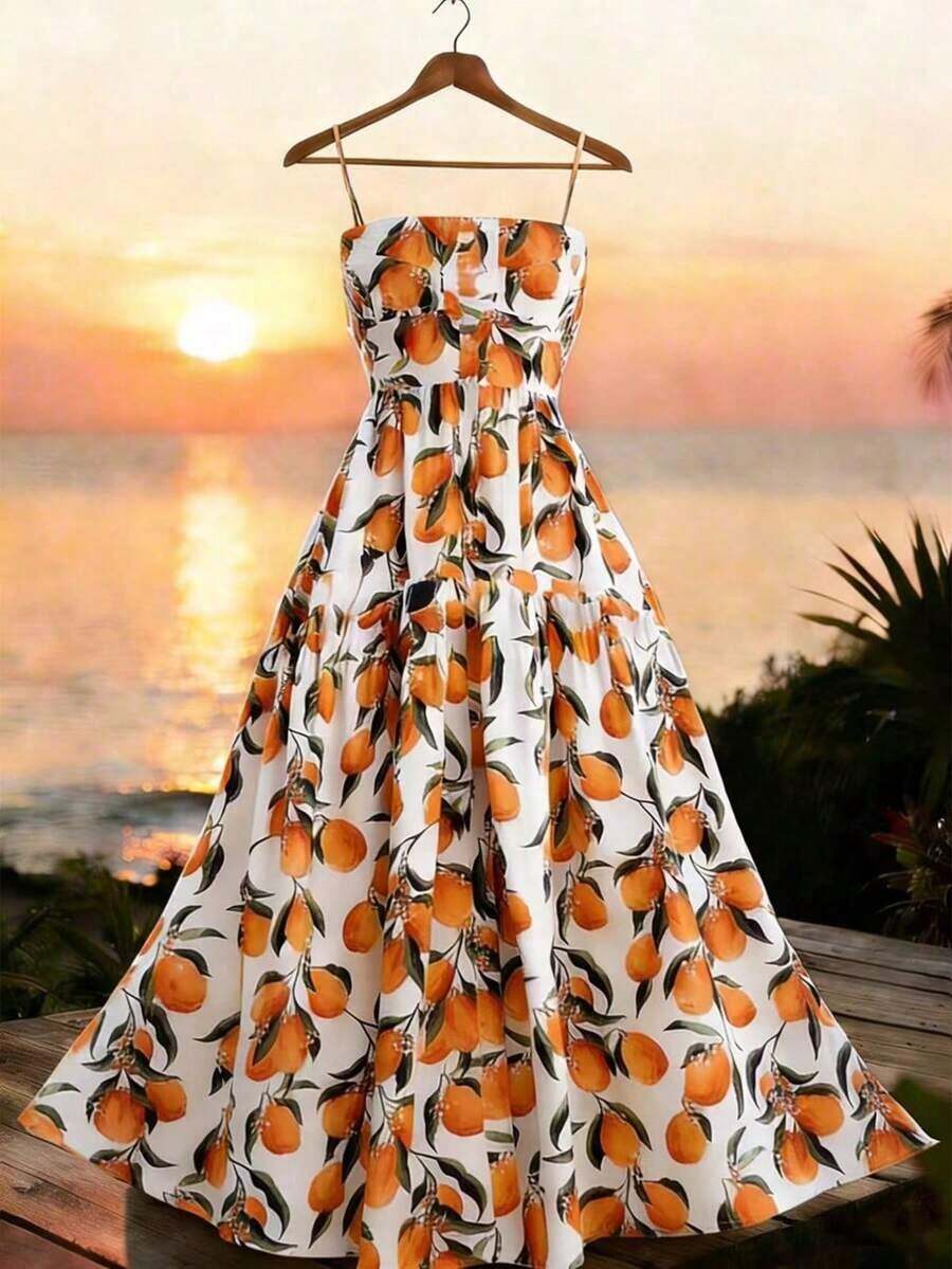 Vestido casual de mujer con estampado de limón sin mangas para vacaciones - Naranja - Ver 1