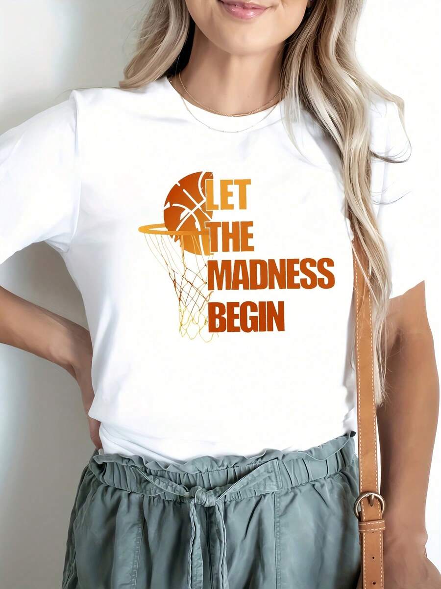 Women's Basketball Jersey With Letter Print - Short Sleeve, Crew Neck, Spring-Summer Graphic Top, Casual Sportswear For Sports And Daily Outfits, Machine Washable, Non-Stretch Fabric (Medium Elasticity) - [白色的] - 查看 1