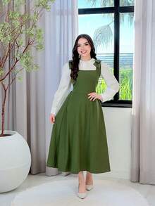 Tailored Dress With Wide Straps And Bow, Code 02, Evangelical Fashion (Shirt Not Included) - Army Green - View 6