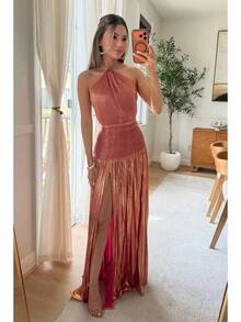 Metallic Pleated Halter Maxi Dress, Ruched Waist With Front Slit, Elegant Evening Gown For Prom & Weddings - Rose Gold - View 5