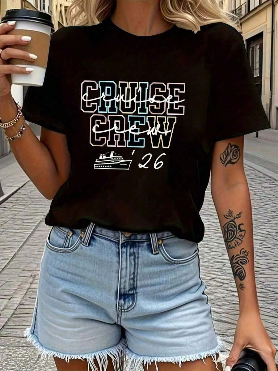 Women's '26 Christmas And New Year Cruise T-Shirt - Casual Black Short Sleeve Crew Neck Top With Letter Print And Cruise, Machine Washable, Christmas Party Outfit, Cruise Holiday Gift. Blouses>Pretty - 黑色 - 查看 1