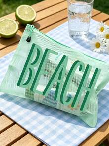 多色防水時尚網格沙灘包,印有彩色「Beach」文字的化妝包,沙灘主題。大容量透明化妝包配尼龍拉鍊盥洗包-輕量,可存放文件、文具、防曬乳、零食、比基尼和沙灘必需品。春夏收納,耐用,非常適合游泳、沙灘、潛水和夏季假期,也適合學生返校使用。 - 彩色 - 查看 9