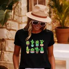 [WZM102184]Unisex Crew Neck T-Shirt With Cartoon Potted Plant Print, Casual Summer Style. Versatile Unisex T-Shirt Made Of Thick 220g Cotton, Soft And Breathable With Excellent Elasticity, Skin-Friendly And Comfortable For All-Day Wear. Classic Casual Design Easy To Match, Ideal For Everyday Outings, Urban Style, Sports, Dates, And Informal Gatherings Year-Round. - 黑色 - 查看 1