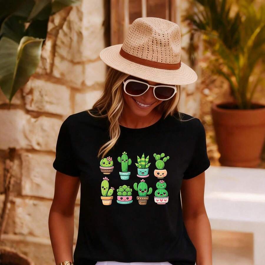 [WZM102184]Unisex Crew Neck T-Shirt With Cartoon Potted Plant Print, Casual Summer Style. Versatile Unisex T-Shirt Made Of Thick 220g Cotton, Soft And Breathable With Excellent Elasticity, Skin-Friendly And Comfortable For All-Day Wear. Classic Casual Design Easy To Match, Ideal For Everyday Outings, Urban Style, Sports, Dates, And Informal Gatherings Year-Round. - 黑色 - 查看 1