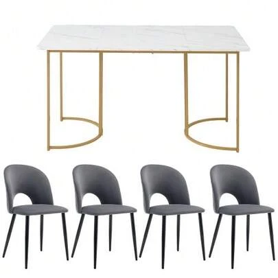 Essgruppe,(Set,140*80cm Esstisch Mit 4 Stühlen), Moderner Küchentisch Set , Samt Esszimmerstuhl Mit Diamantmuster,Verstellbare Stuhlbeine,Beige Samt,MDF Tischplatte In Weißer,Golden Tischbeine