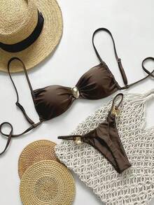 Bikini de color sólido, bikini sexy con lazos, traje de baño de dos piezas fresco y sencillo para mujer. - marrón café - Ver 1