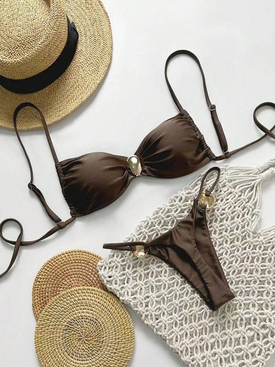 Bikini de color sólido, bikini sexy con lazos, traje de baño de dos piezas fresco y sencillo para mujer. - marrón café - Ver 1