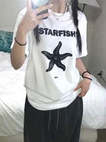 Camiseta de Manga Corta para Mujer con Estampado de Pentagrama de Dibujos Animados Y2K, Diseño Simple y Versátil, Nueva Moda de Verano, Cuello Redondo Holgado, Diseño Versátil, Camiseta Blanca de Algodón - Blanco - Ver 2