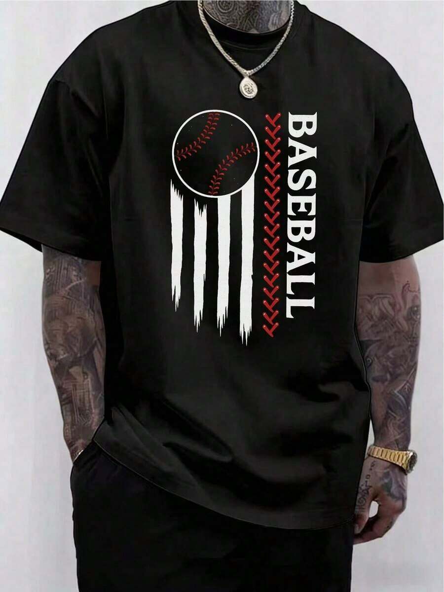 Men's Baseball Shirt With A Red And White Baseball Bat Print Inspired By The Stripes Of The National Flag - Casual Short-Sleeved Summer Shirt, Suitable For Fans, As A Team Uniform, And For Everyday Wear - Machine-Washable Crew Neck Baseball Shirt. New Loose-Fitting And Versatile Shirt. Great For Gifting. Women's T-Shirt. Stylish. Bohemian Style. Soft, Breathable, And Comfortable Garment, Perfect For Spring, Summer, And Fall; Ideal For Vacations, Travel, And Everyday Wear. Perfect For Watching A Game. - 黑色 - 查看 1