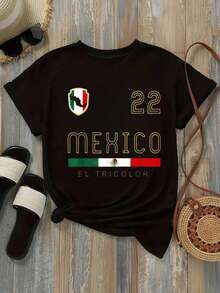 Camia de mujer del equipo nacional deéxico 22 con estampado de la bandera tricolor en opciones de color blanco y negro, camia gráfica casual de verano para mujeres, top deportivo de moda para fanáticos del fútbol, camias de verano, camias gráficas, atuendos de verano para mujeres, camias gráficas, tops cortos para mujeres, tops para mujeres, vintage de algodón, ropa linda, atuendo de Navidad para mujeres, vestidos elegantes de mujer Ideal para regalar. Camiseta de mujer. Elegante. Estilo bohemio. Prenda suave, transpirable y cómoda, perfecta para primavera, verano y otoño; ideal para vacaciones, viajes y uso diario. Perfecta para ver un partido. - Negro - Ver 7