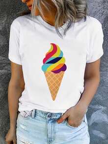 Camiseta de verano de manga corta para mujer, holgada, estampada, moderna y casual, lavable a máquina, ajuste cómodo, estampado plano 2D, camiseta básica de algodón con cuello redondo para mujer. - Blanco_10 - Ver 12