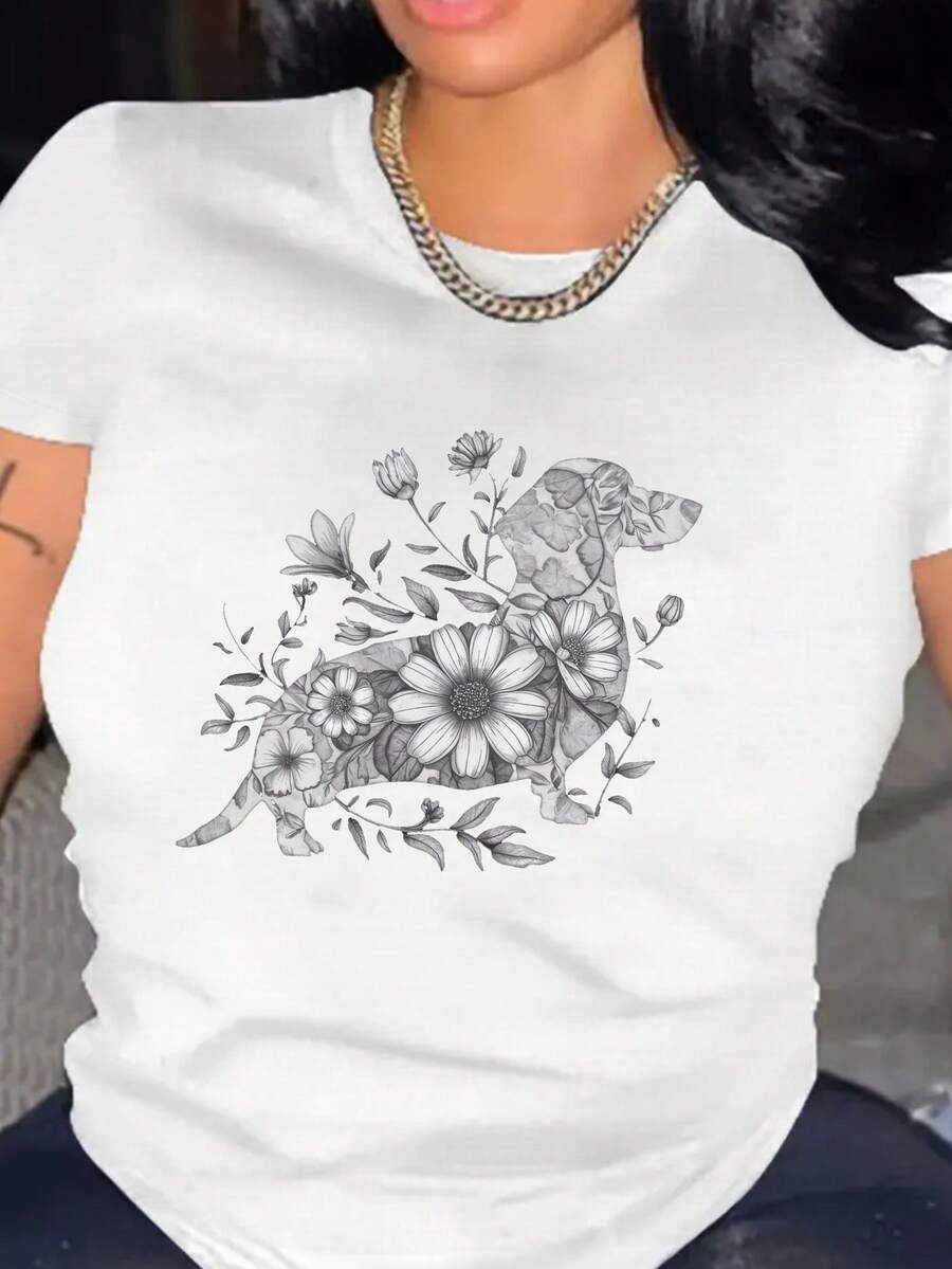 Comfortable T-Shirt For Women, Clothing For Dachshund Lovers: Casual Crew Neck T-Shirt With A Plant And Dachshund Print, Machine Washable, Comfortable Casual Wear For All Seasons, Designed For Dachshund Owners. A Very Distinctive Printed T-Shirt / Unisex Style / Suitable For Both Men And Women / Wrinkle-Resistant / Breathable - 白色 - 查看 1